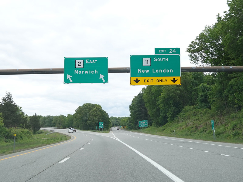 File photo: Route 2 eastbound at the Route 11 split in Colchester in May 2025; the photograph predates the proposed pavement preservation work.