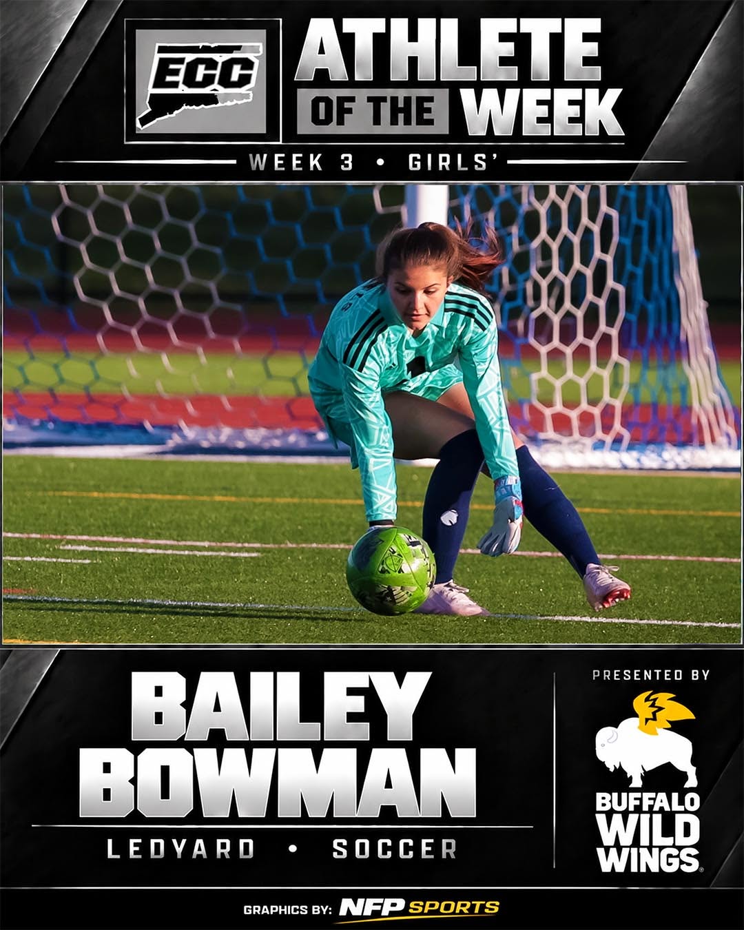 The ECC’s original Week 3 girls’ Athlete of the Week graphic features Ledyard soccer player Bailey Bowman. Published October 12, 2026; not a race or a new match result.