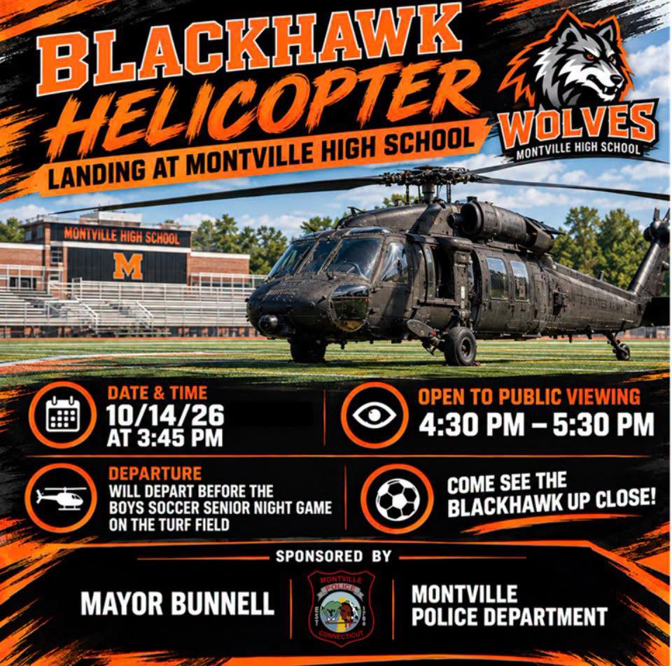Original organizer flyer advertising the October 14, 2026 Black Hawk viewing at Montville High School. Promotional artwork, not a documentary photograph of the aircraft’s landing or proof that the visit occurred.