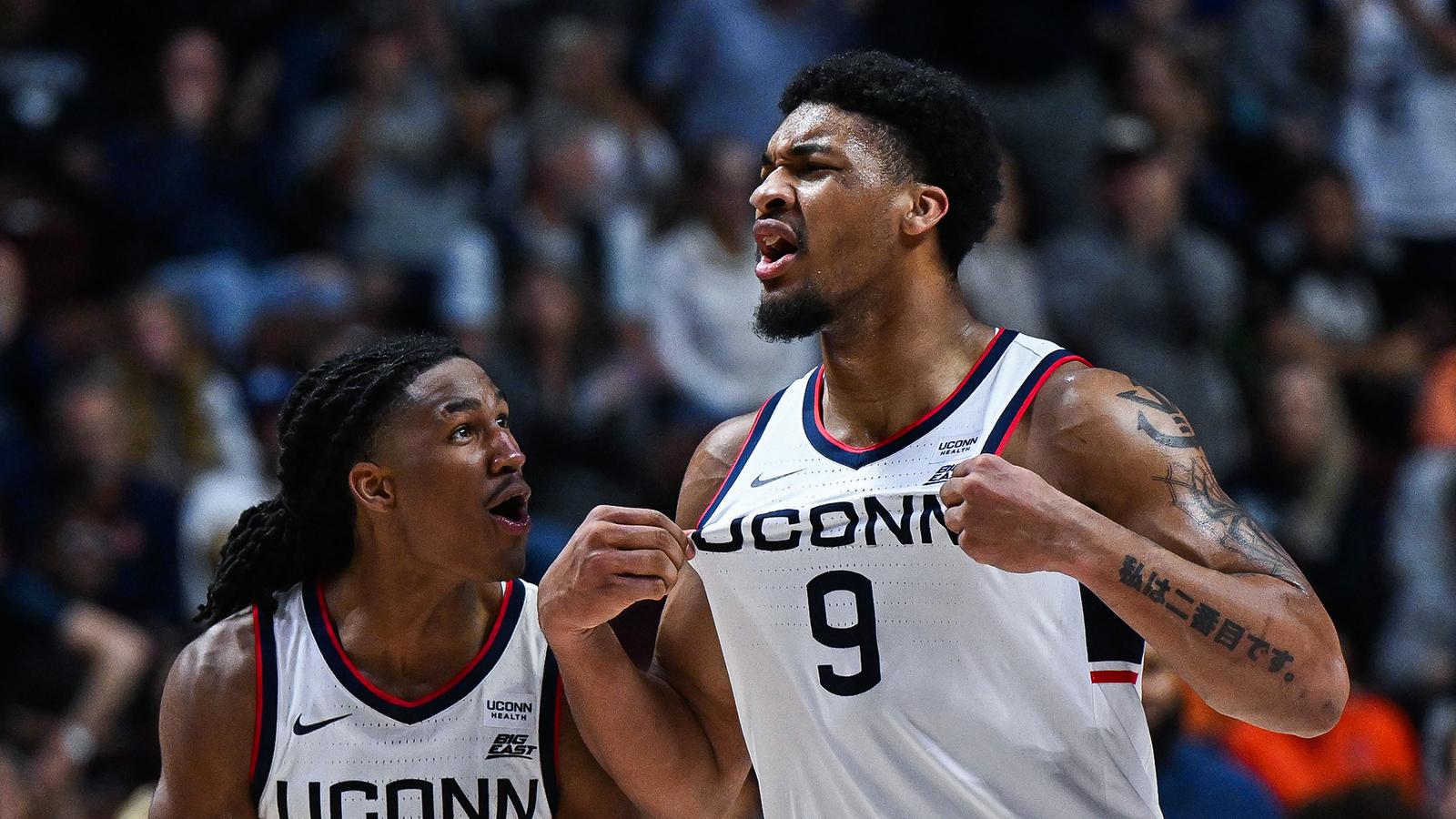 UConn men’s basketball players in the university’s October 13, 2026 Syracuse exhibition coverage.