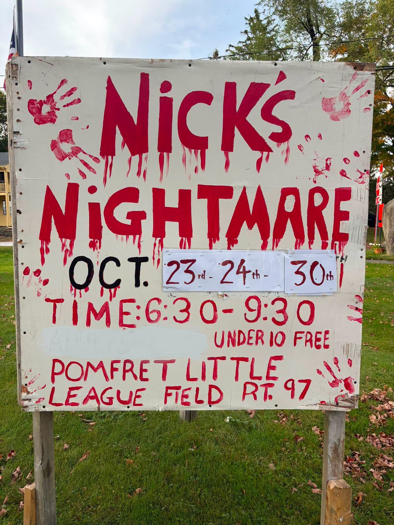 Nick’s Nightmare’s roadside sign lists the October 23, 24 and 30 sessions at Pomfret’s Little League field. WINY Radio published the photograph October 10, 2026.