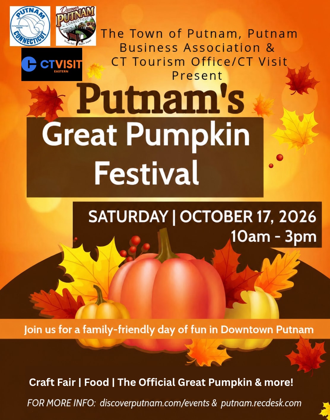Official flyer for Putnam’s Great Pumpkin Festival on October 17, 2026.