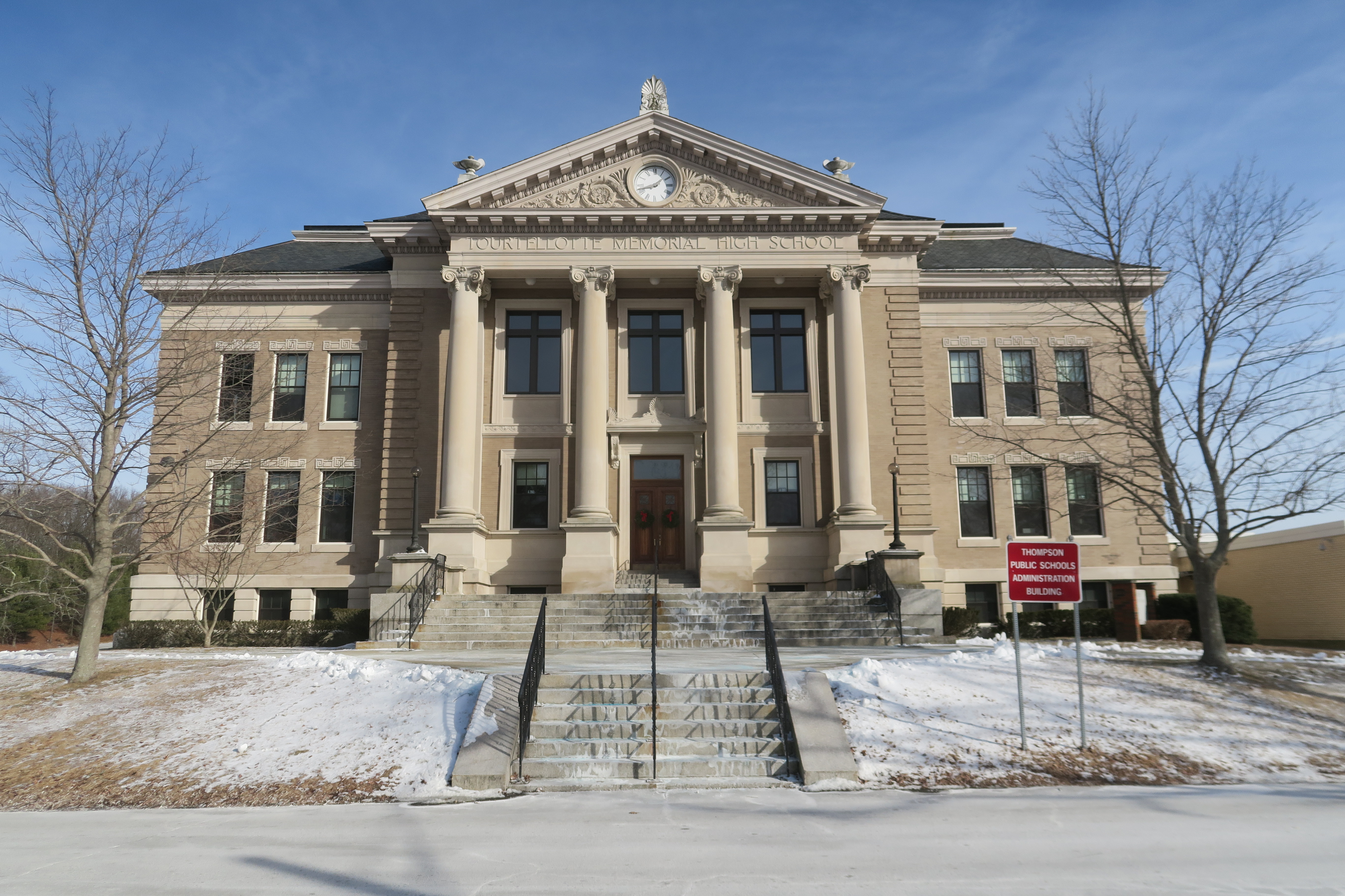 File photo: The Tourtellotte Memorial building in North Grosvenordale, with a Thompson Public Schools administration sign. This photograph predates the October 14 budget referendum and does not depict voting.