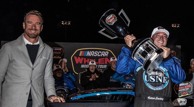 Trophy celebration in NASCAR’s coverage of the October 10, 2026 Modified Tour finale at Thompson.