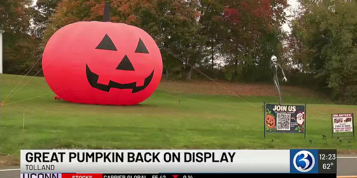 Tolland’s inflatable pumpkin pictured in WFSB’s firefighter fundraiser coverage.