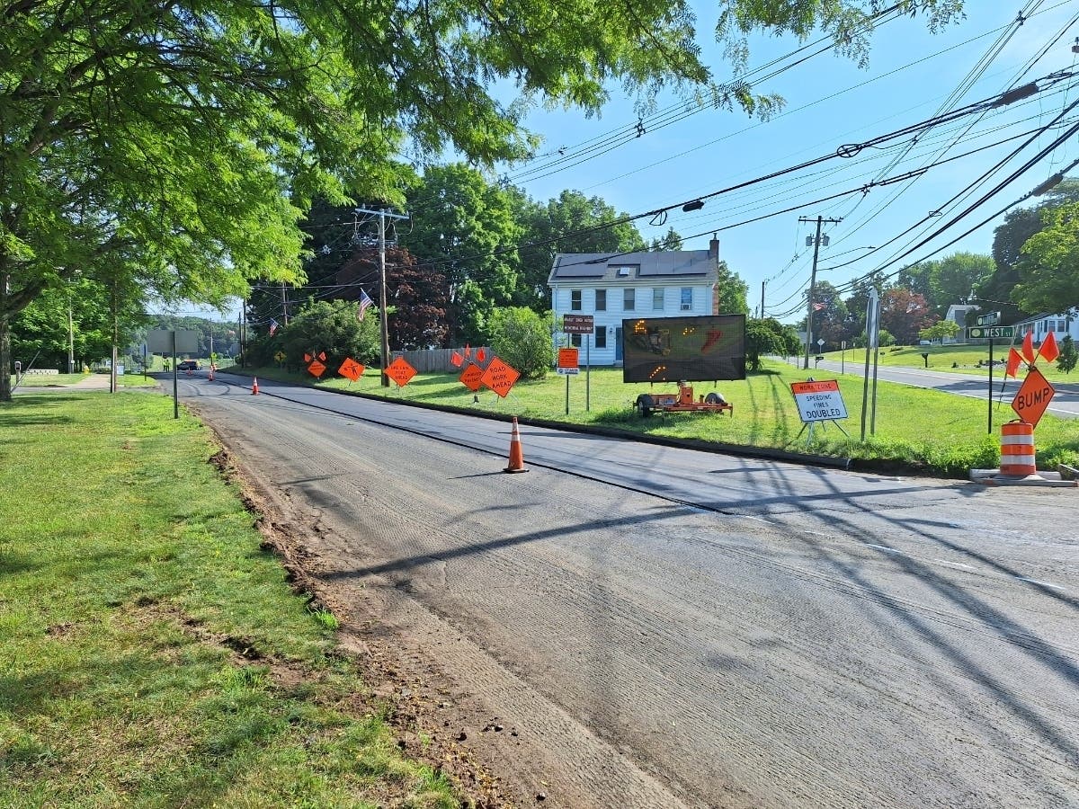 File photo: West Street in Vernon during July 2026 resurfacing. It does not depict the proposed centerline rumble-strip installation.