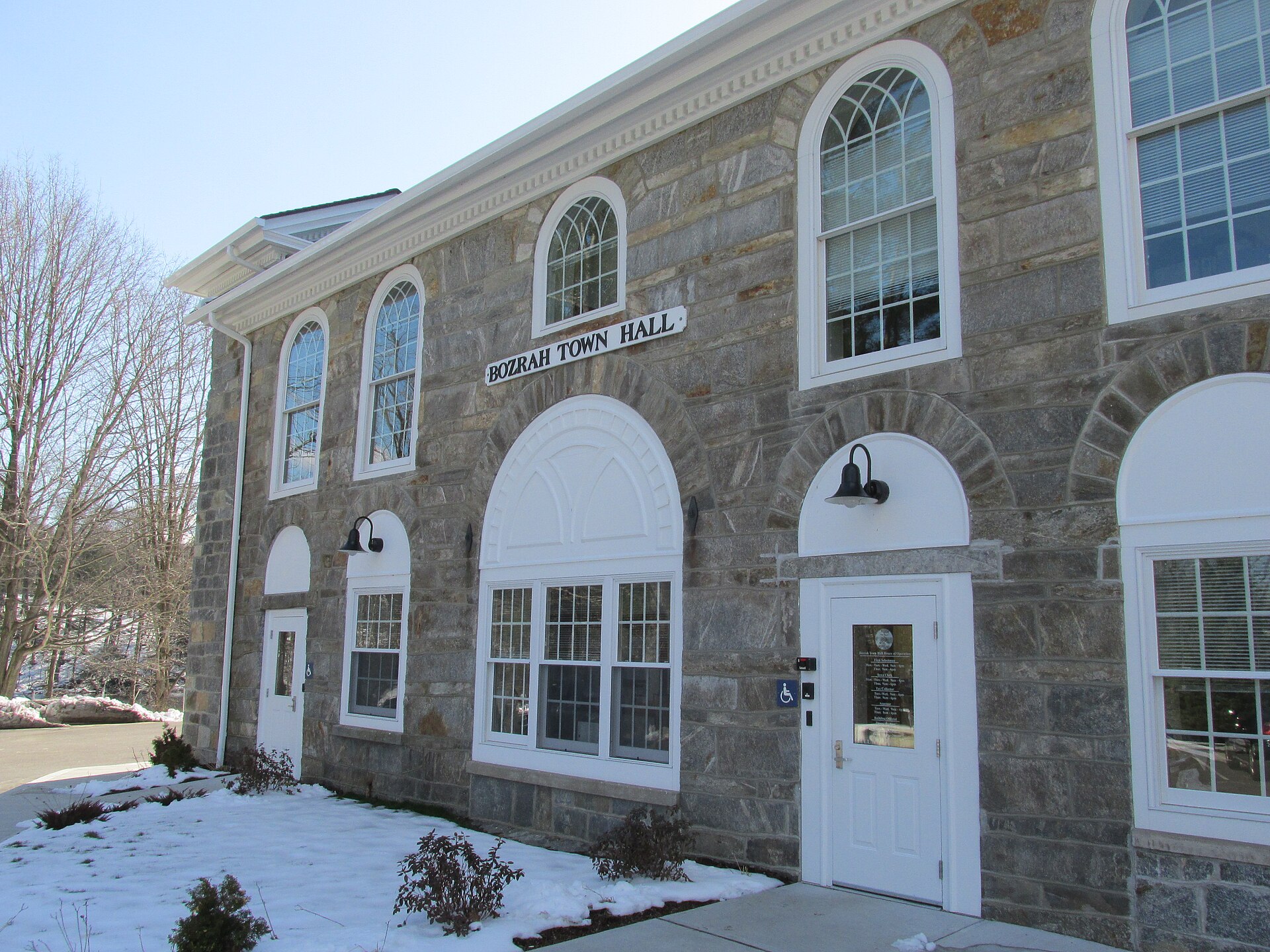 Archive/file photo: Bozrah municipal building photographed in 2013. Not a photograph of the meeting, project or voting activity described; consult the article for current locations.